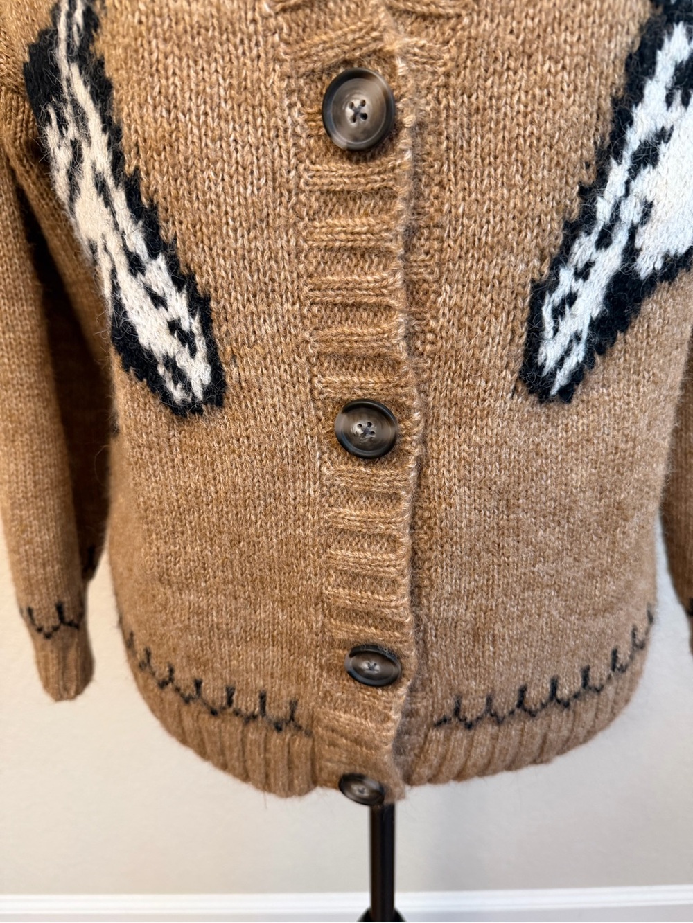 Old Navy Brown Horse Intarsia V-Neck Button Cardigan oversized Sz S Wool Blend - Picture 5 of 13